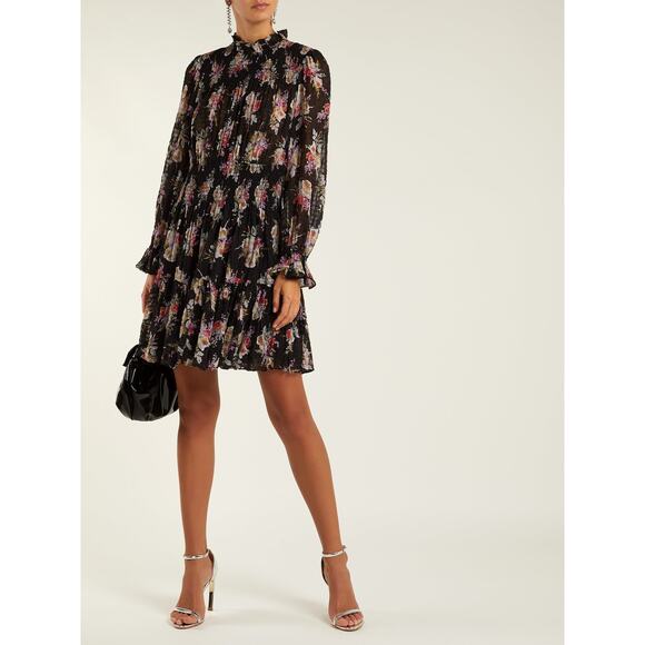 Rebecca Taylor Bouquet Silk Floral Smocked Mini Dress in Black | Size Small - Picture 1 of 10